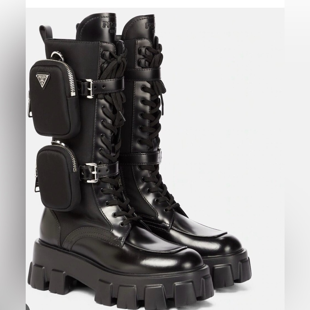 Prada monolith tall black leather boots with pouches IT 37.5 UK 5
